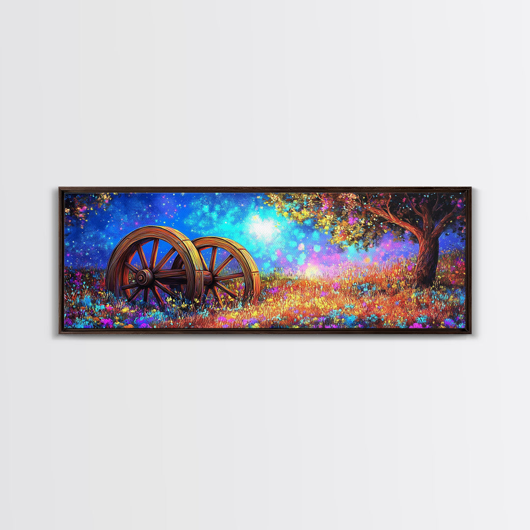Starry Meadow Wagon Wheels Framed Canvas Print, Rustic Country Wall Art, Whimsical Landscape Decor, Farmhouse Home Gift