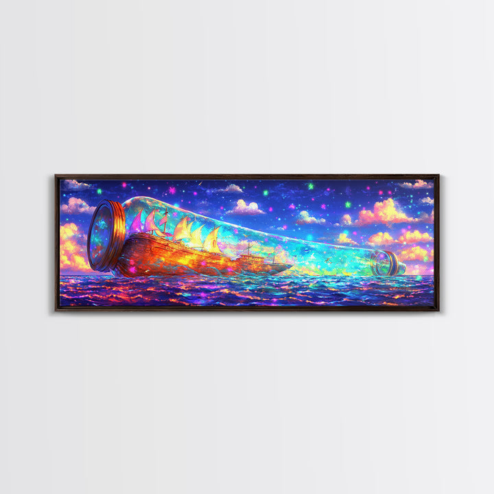 Glowing Message Bottle At Starry Sea Canvas Print, Fantasy Wall Art, Ocean Decor, Nautical Print, Whimsical Coastal Gift