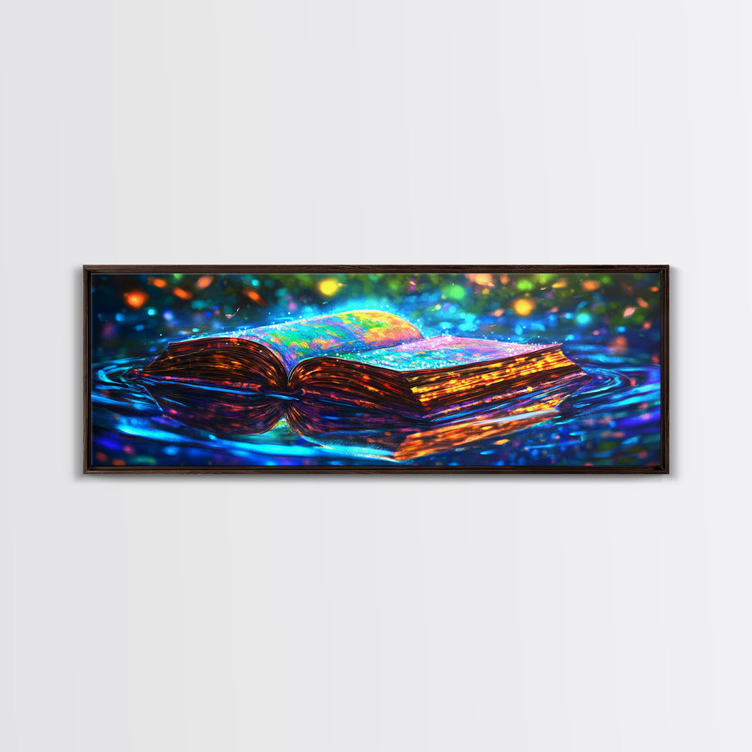 Glowing Open Book On Moonlit Water Canvas Print, Fantasy Wall Art, Library Decor, Book Lover Gift, Magical Reading Nook Art