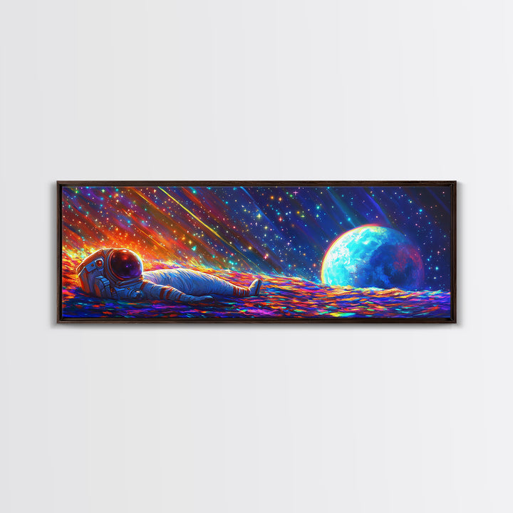 Astronaut Resting On Rainbow Planet Wall Art, Sci Fi Space Canvas Print For Gaming Room Decor And Modern Futuristic Home Decor