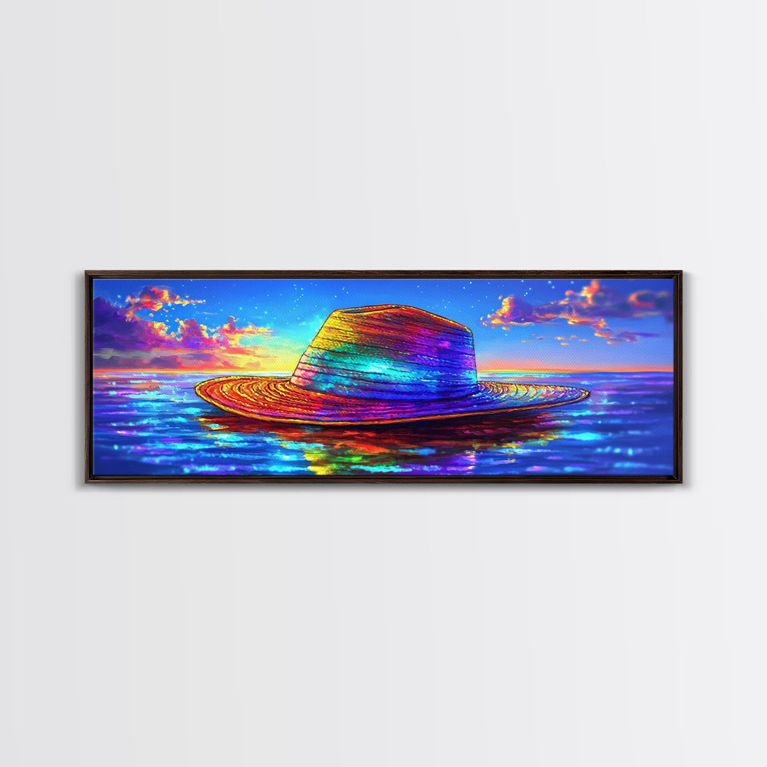 Rainbow Straw Hat Floating On Sunset Ocean Wall Art, Colorful Beach Decor, Coastal Canvas Print, Summer Vacation Poster Art
