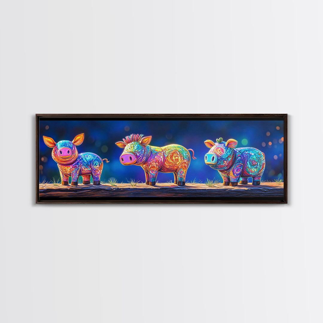 Three Rainbow Farm Animal Figures Wall Art, Colorful Animal Nursery Art, Whimsical Farmhouse Decor, Kids Room Canvas Print