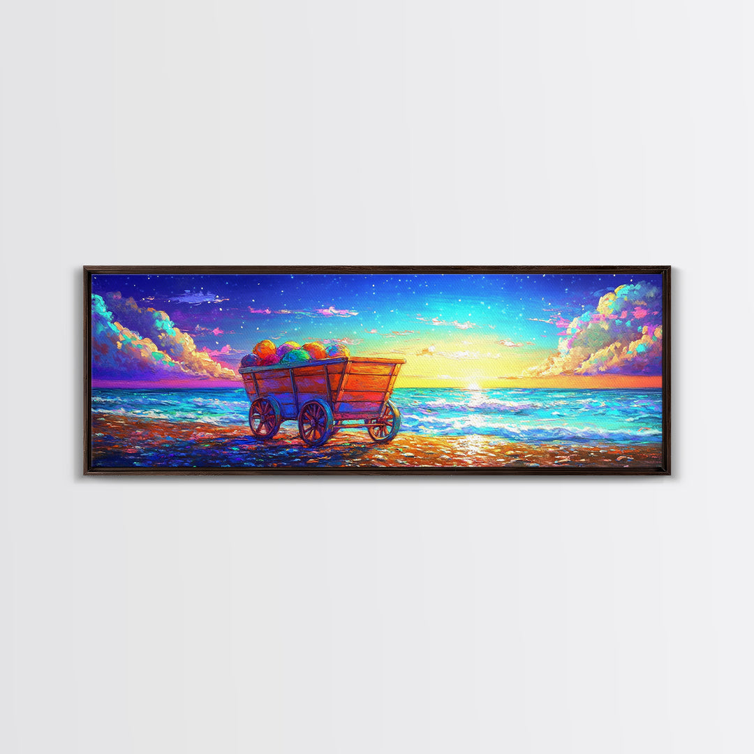 Wooden Wagon On Sunset Beach Framed Canvas Print, Coastal Wall Art, Ocean Painting, Beach House Decor, Seascape Art, Summer Home Decor