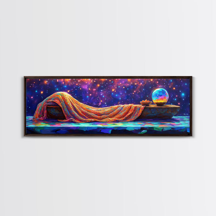 Dreamy Draped Bed Under Starry Sky Wall Art, Celestial Wall Art, Surreal Art, Whimsical Decor, Bedroom Wall Art, Modern Home Decor