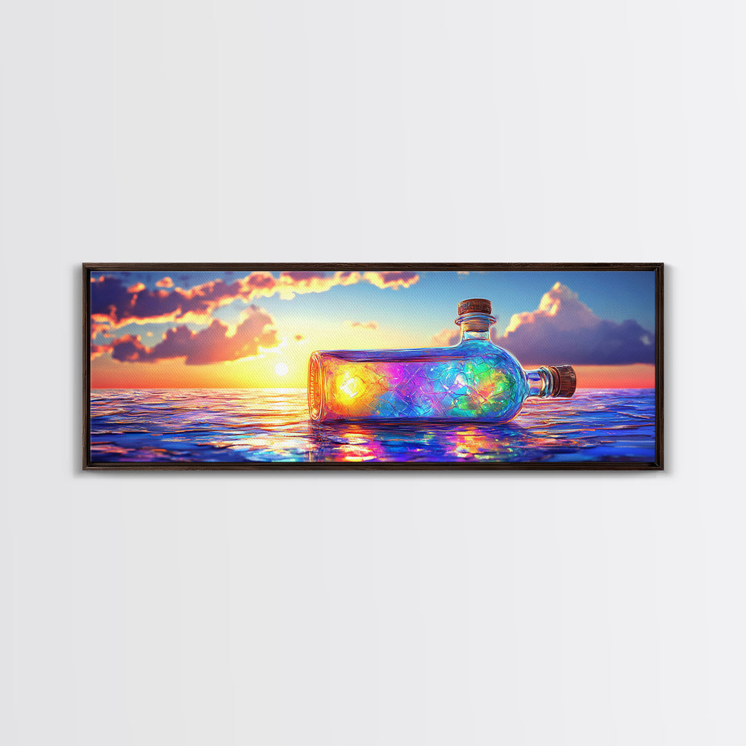 Glowing Message Bottle At Ocean Sunset Framed Canvas Print, Coastal Wall Art, Beach House Decor And Nautical Gift For Living Room