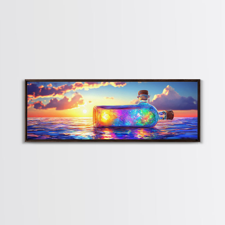 Glowing Message Bottle At Ocean Sunset Framed Canvas Print, Coastal Wall Art, Beach House Decor And Nautical Gift For Living Room