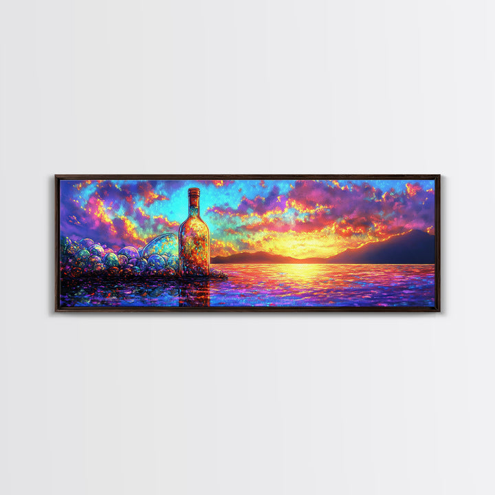 Glowing Bottle On Sunset Shore Canvas Print, Vibrant Ocean Wall Art, Coastal Beach House Decor For Living Room And Office Decor