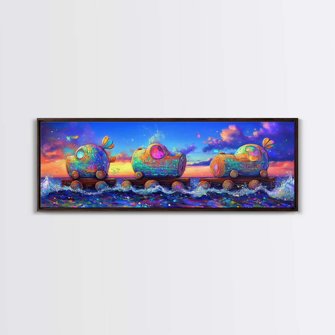 Whimsical Toy Train Rolling Through Ocean Waves Wall Art, Colorful Coastal Decor, Fantasy Nursery Art, Playroom Canvas Print