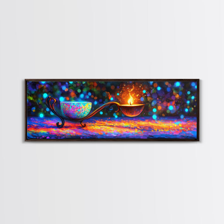 Ornate Rainbow Oil Lamp With Flame Framed Canvas Print, Spiritual Wall Art, Meditation Decor, Boho Home Decor Gift, Zen Wall Decor