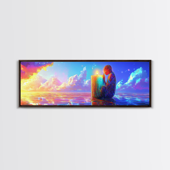 Solitary Figure Holding Candle By Sunset Sea Wall Art, Mystical Ocean Canvas Print, Spiritual Decor, Coastal Meditation Room Decor