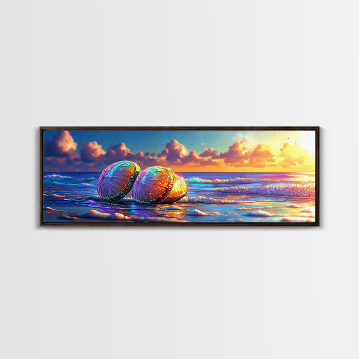 Sunlit Seashells On Ocean Shore Canvas Print, Coastal Wall Art, Beach House Decor, Nautical Seascape Living Room Decor Print