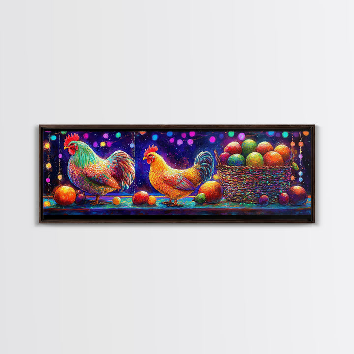 Colorful Roosters And Hen With Fruit Basket Canvas Print, Farmhouse Kitchen Wall Art, Chicken Art, Rustic Home Decor Gift