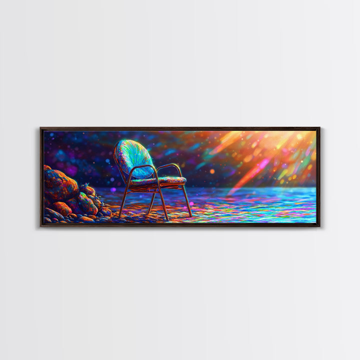 Empty Chair By Radiant Ocean Light Framed Canvas Print, Coastal Wall Art, Beach House Decor, Serene Seascape, Gift For Her