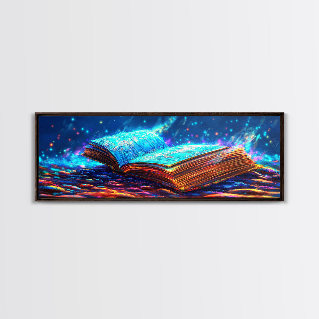 Glowing Open Book With Magical Blue Light Wall Art, Fantasy Library Canvas Print, Book Lover Decor, Dark Academia Gift For Readers