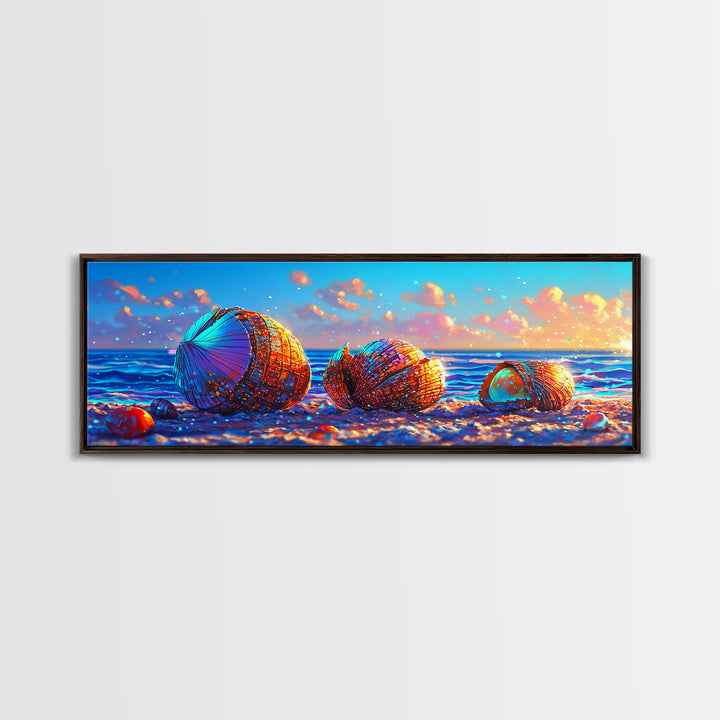 Rainbow Seashells On Sunny Beach Canvas Print, Coastal Wall Art, Ocean Decor, Beach House Nautical Living Room Decor Gift For Her