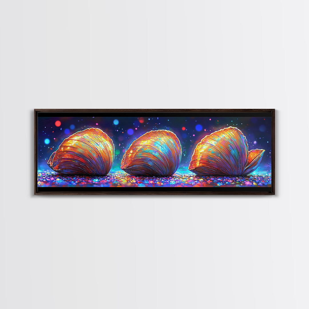 Three Glowing Seashells Canvas Print, Coastal Wall Art, Ocean Bathroom Decor, Beach House Gift, Colorful Nautical Art Print
