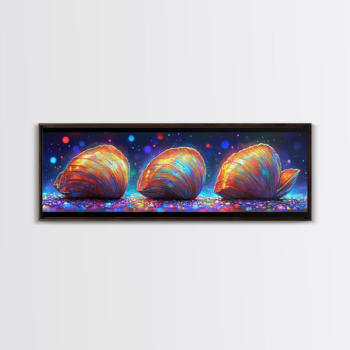 Three Glowing Seashells Canvas Print, Coastal Wall Art, Ocean Bathroom Decor, Beach House Gift, Colorful Nautical Art Print