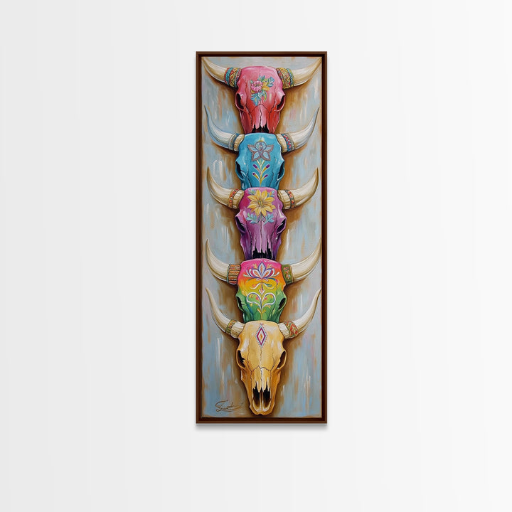 Stacked Painted Longhorn Skulls Wall Art, Southwestern Western Decor, Cowgirl Framed Canvas Print, Boho Ranch Home Decor