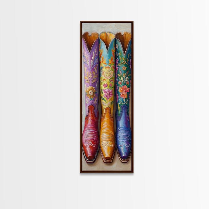Three Tall Floral Cowboy Boots Wall Art, Western Cowgirl Decor, Southwestern Framed Canvas Print, Rustic Bedroom Wall Decor