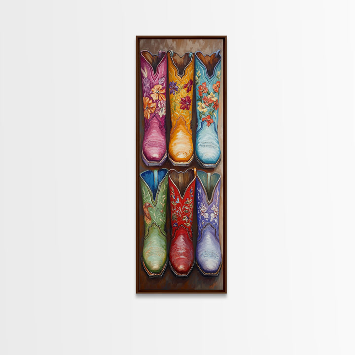 Six Floral Cowboy Boots Wall Art, Western Framed Canvas Print For Cowgirl Bedroom Living Room Rustic Home Decor Gift For Her