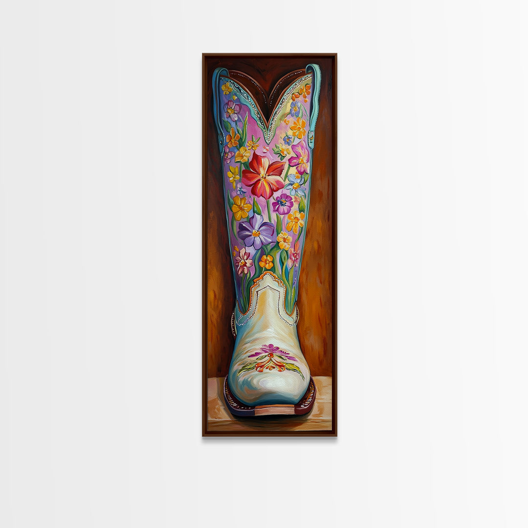 Turquoise Floral Cowboy Boot Framed Canvas Print, Western Cowgirl Wall Art, Boho Rodeo Decor, Southwestern Living Room Art