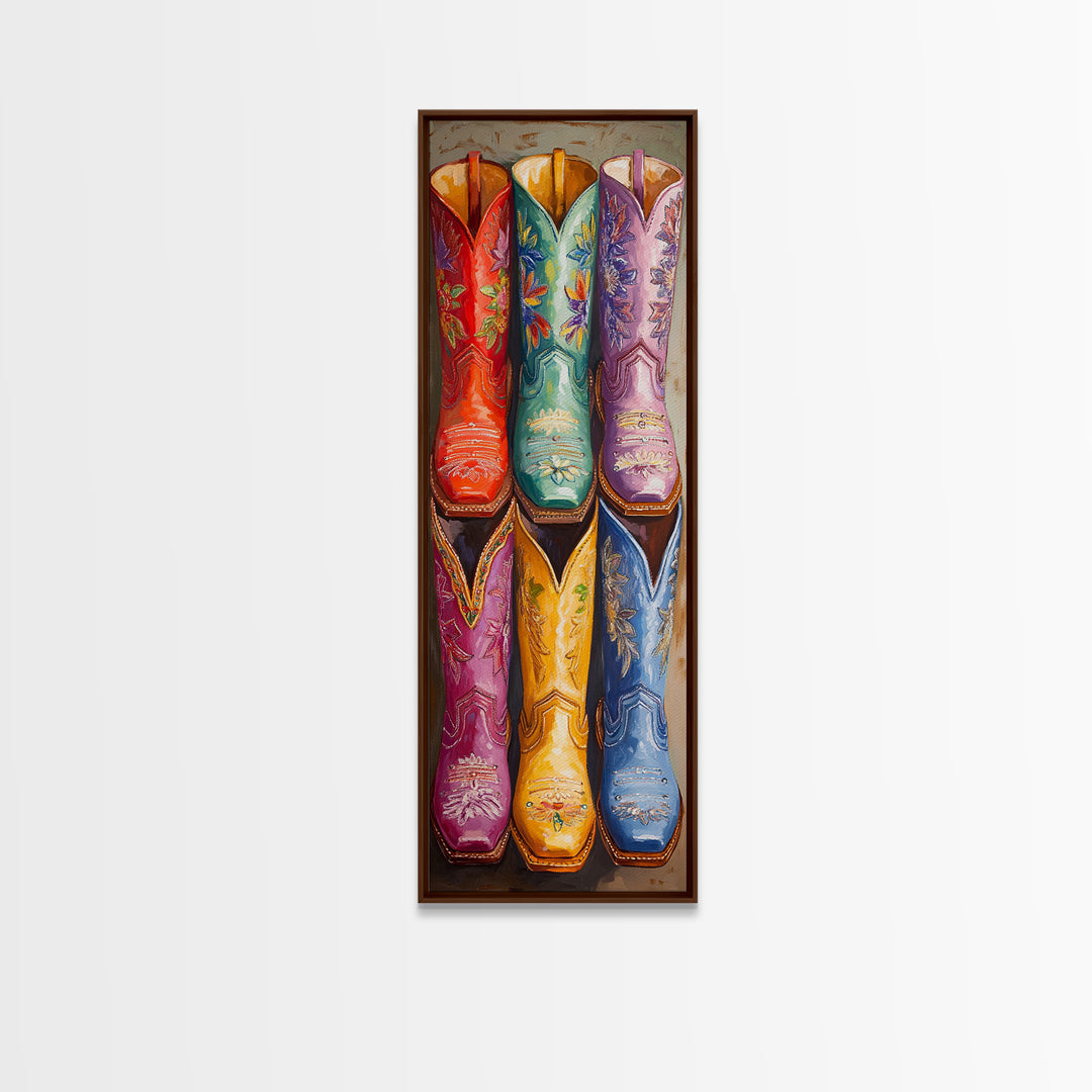 Bright Embroidered Western Boots Framed Canvas Print, Cowgirl Wall Art, Rodeo Decor, Boho Farmhouse Living Room Home Decor Gift