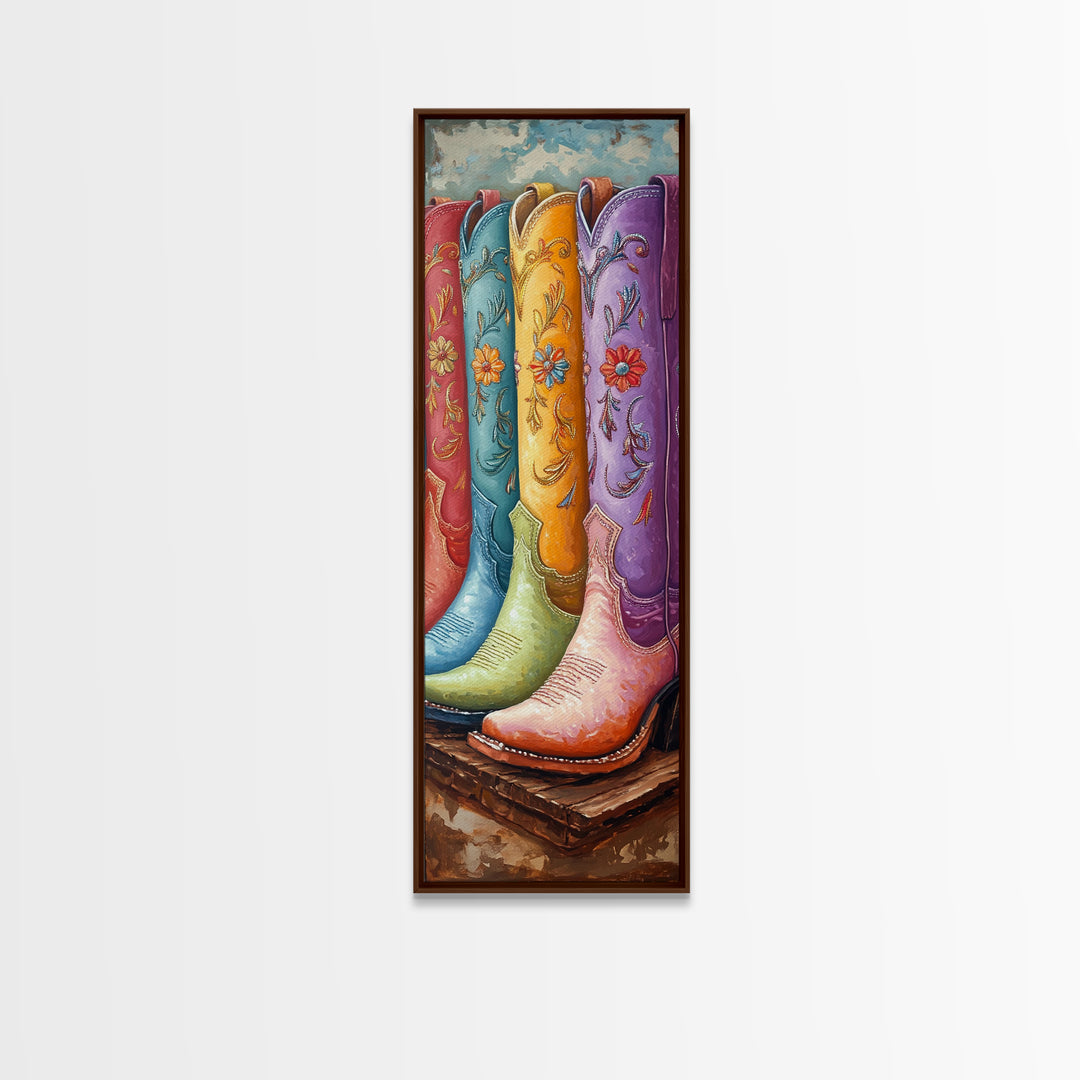 Bright Embroidered Cowboy Boots Painting, Western Canvas Print, Cowgirl Wall Decor, Boho Ranch Home Decor, Gift For Her, Art Print