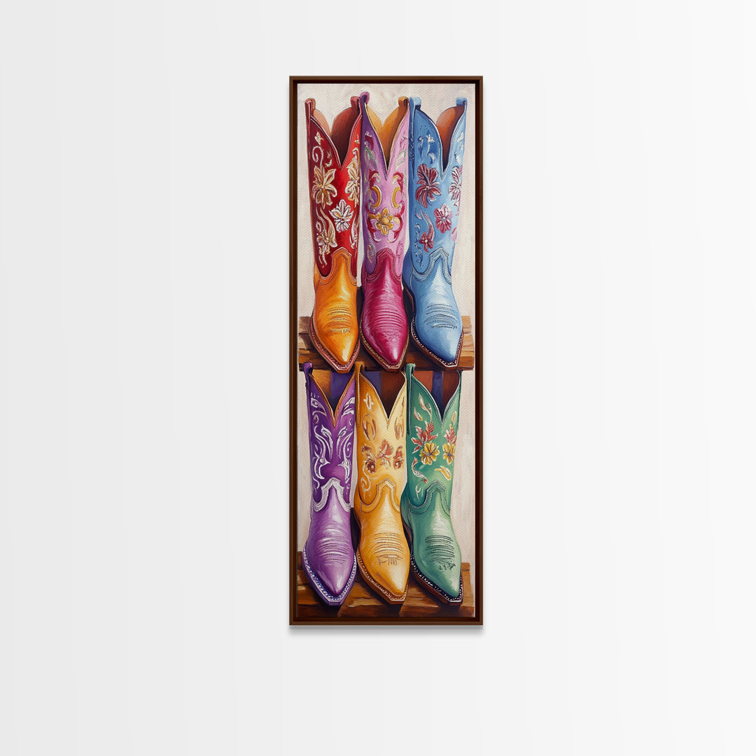 Six Embroidered Cowboy Boots Framed Canvas Print, Western Wall Art, Cowgirl Decor, Rustic Home Decor, Farmhouse Wall Decor