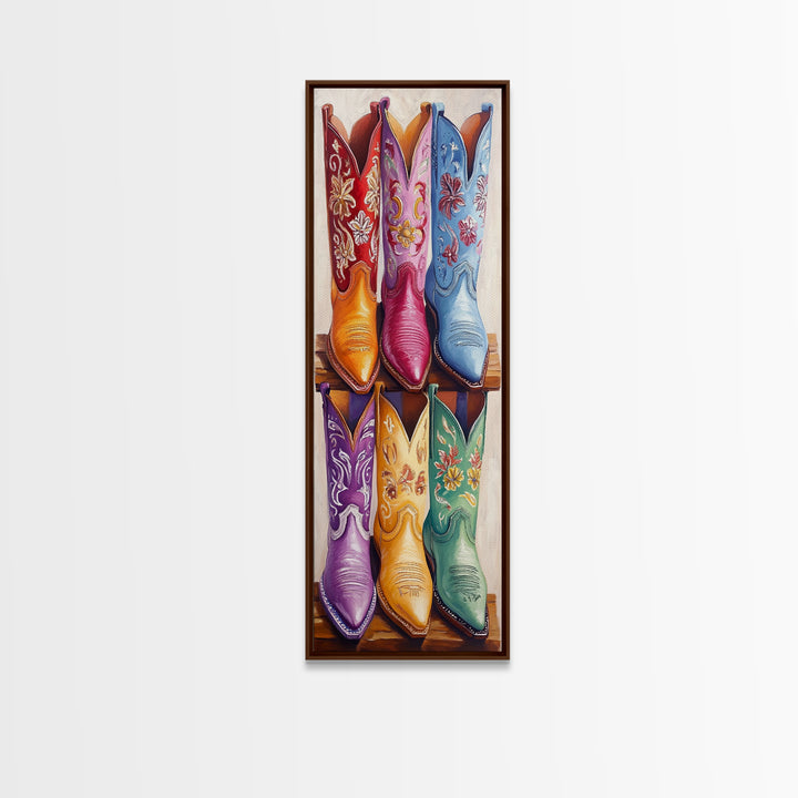 Six Embroidered Cowboy Boots Framed Canvas Print, Western Wall Art, Cowgirl Decor, Rustic Home Decor, Farmhouse Wall Decor