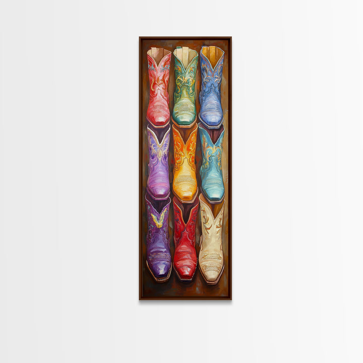 Vivid Embroidered Western Boots Framed Canvas Print, Cowgirl Wall Art, Southwestern Decor, Rustic Wall Decor, Gift For Her