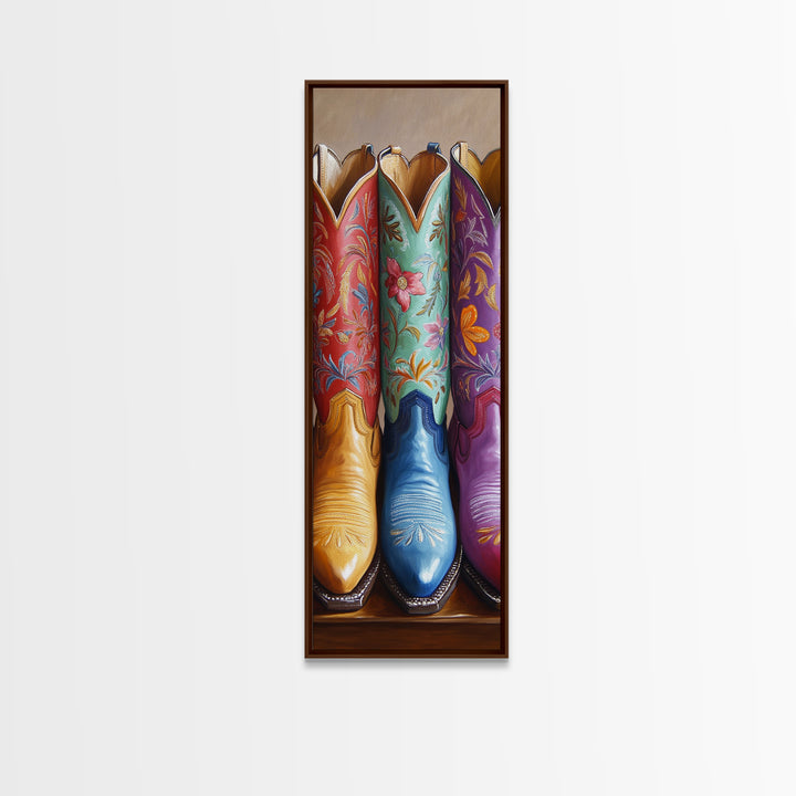 Red Aqua And Purple Floral Cowboy Boots Canvas Print, Western Cowgirl Wall Decor, Rustic Ranch Art, Living Room Home Decor