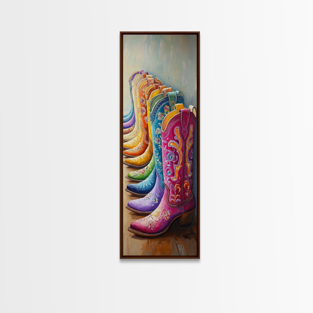 Rainbow Row Of Floral Cowboy Boots Framed Canvas Print, Western Cowgirl Wall Art, Maximalist Ranch Home Decor, Gift For Her