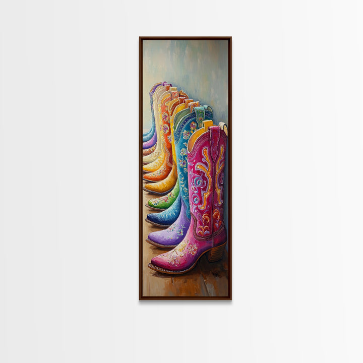 Rainbow Row Of Floral Cowboy Boots Framed Canvas Print, Western Cowgirl Wall Art, Maximalist Ranch Home Decor, Gift For Her