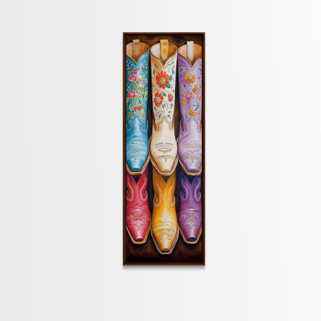 Blue White And Purple Floral Cowboy Boots Canvas Print, Western Cowgirl Wall Art, Rustic Ranch Decor, Living Room Housewarming Gift