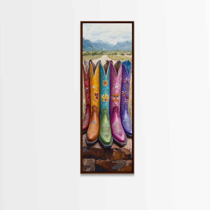 Bright Cowboy Boots In Desert Landscape Wall Art, Western Cowgirl Canvas Print, Southwestern Ranch Home Decor Gift For Living Room