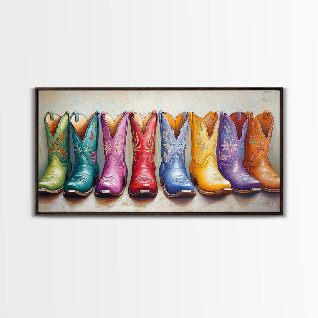 Bright Embroidered Cowboy Boots Wall Art, Western Cowgirl Canvas Print For Boho Bedroom Decor And Rustic Ranch Home Decor