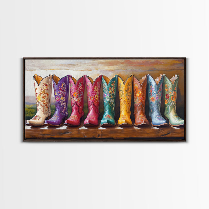 Tall Floral Cowboy Boots Framed Canvas Print, Western Wall Art, Cowgirl Room Decor, Rodeo Gift, Rustic Farmhouse Decor, Above Sofa Art