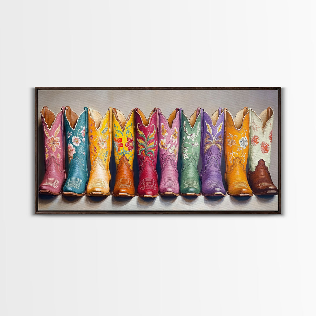 Floral Embroidered Western Boots Framed Canvas Print, Cowgirl Wall Art, Rodeo Room Decor, Rustic Ranch Gift, Boho Decor, Home Decor