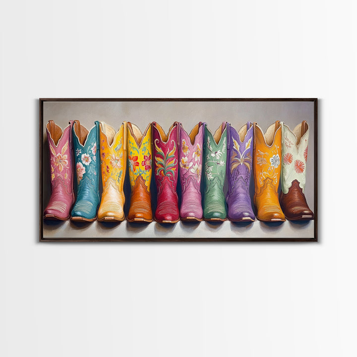 Floral Embroidered Western Boots Framed Canvas Print, Cowgirl Wall Art, Rodeo Room Decor, Rustic Ranch Gift, Boho Decor, Home Decor