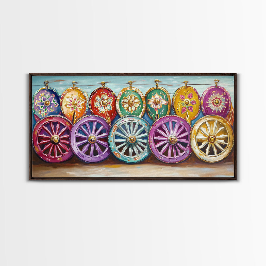 Ornate Painted Wagon Wheels Framed Canvas Print, Southwestern Wall Art, Ranch Decor, Cowgirl Room Decor, Rustic Gift, Home Decor