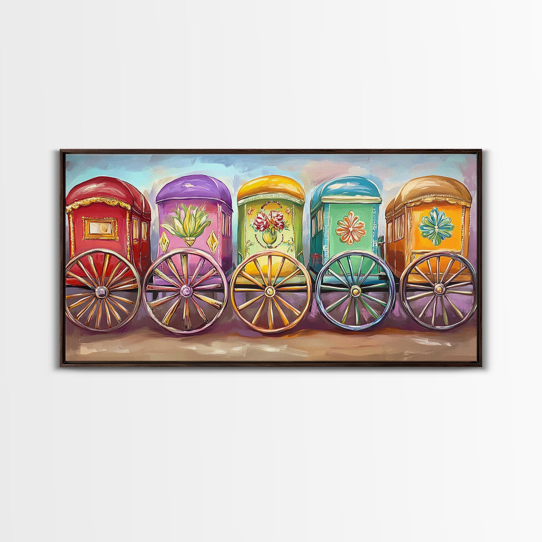 Vibrant Painted Traveling Wagons Wall Art, Western Canvas Print, Boho Ranch Decor, Colorful Nursery Art, Housewarming Gift