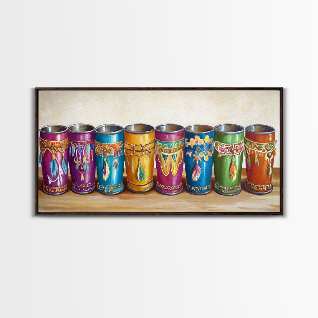 Boho Southwestern Painted Tin Cups Wall Art, Colorful Western Kitchen Decor, Rustic Ranch Canvas Art, Unique Housewarming Gift