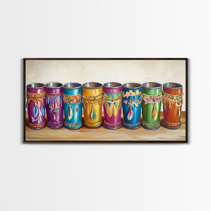 Boho Southwestern Painted Tin Cups Wall Art, Colorful Western Kitchen Decor, Rustic Ranch Canvas Art, Unique Housewarming Gift