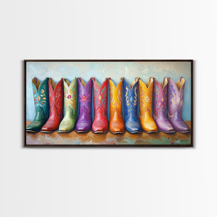 Colorful Row Of Western Cowgirl Boots Canvas Print, Embroidered Cowboy Wall Decor, Boho Ranch Living Room Housewarming Gift