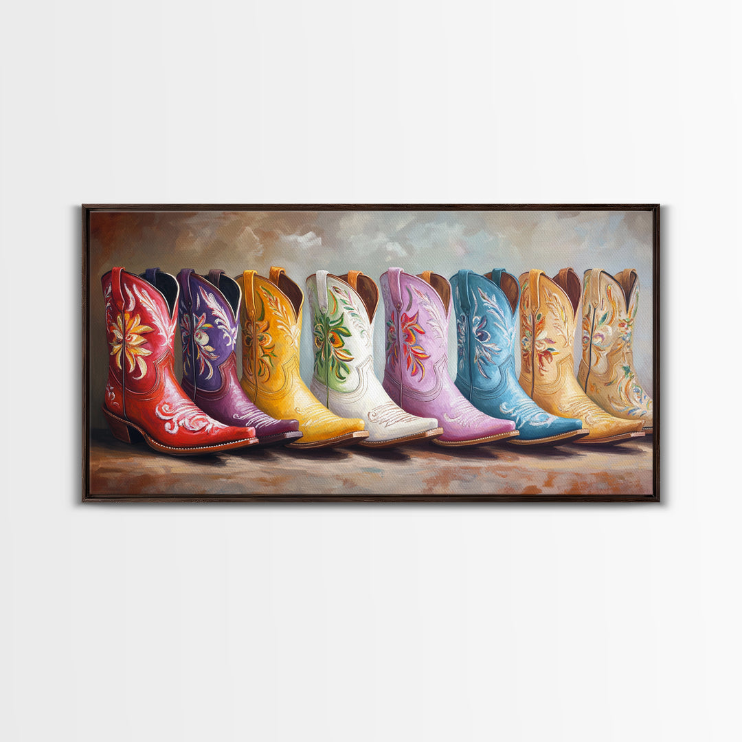 Glossy Colorful Cowgirl Boots Wall Art, Western Home Decor, Rustic Farmhouse Canvas Print, Statement Living Room Art Gift