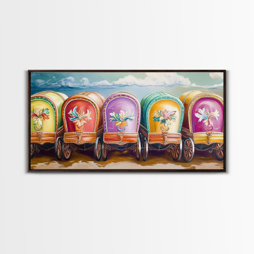 Colorful Painted Gypsy Wagon Framed Canvas Print, Western Wall Art, Boho Cowgirl Decor, Rustic Farmhouse Living Room Gift