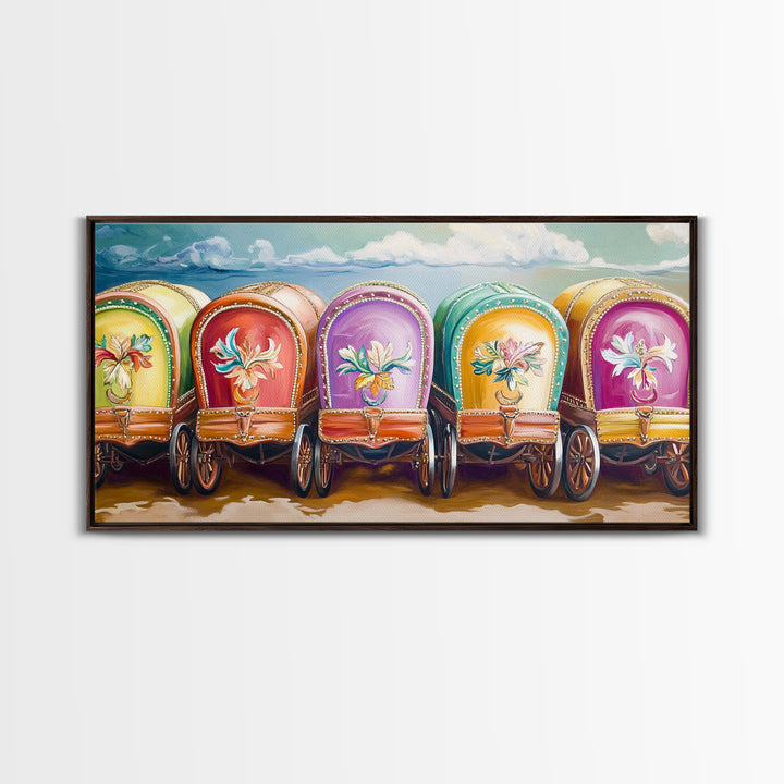 Colorful Painted Gypsy Wagon Framed Canvas Print, Western Wall Art, Boho Cowgirl Decor, Rustic Farmhouse Living Room Gift