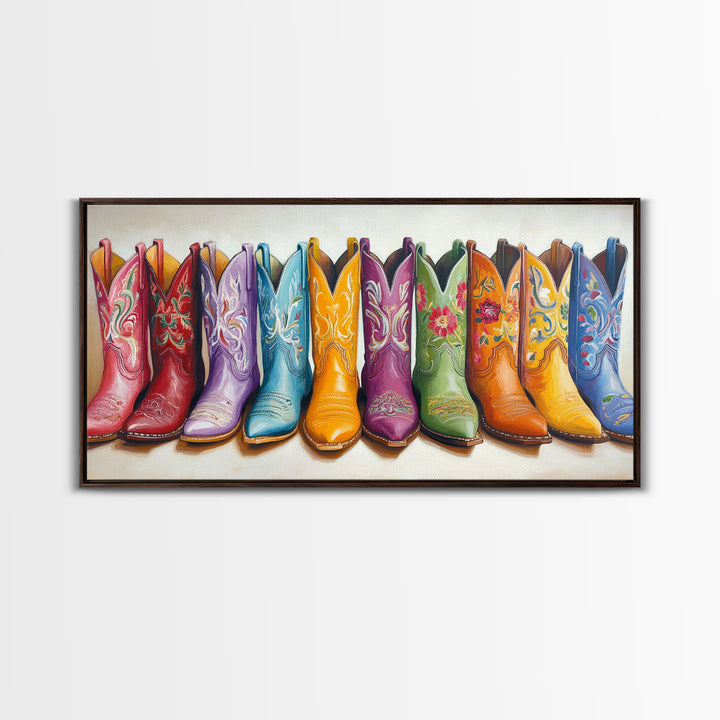Vibrant Embroidered Cowboy Boots Wall Art, Western Cowgirl Decor, Rustic Farmhouse Canvas Print, Colorful Living Room Art
