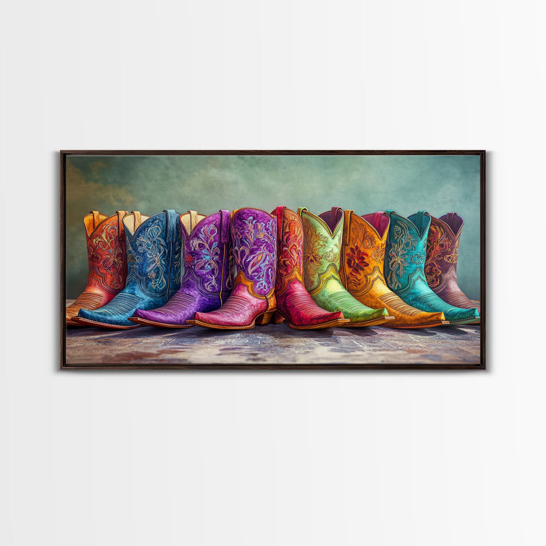 Bold Embroidered Cowboy Boots Canvas Print, Western Cowgirl Wall Art, Colorful Rustic Farmhouse Decor, Statement Living Room Art