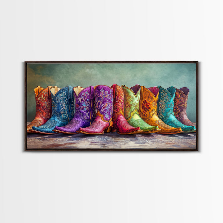 Bold Embroidered Cowboy Boots Canvas Print, Western Cowgirl Wall Art, Colorful Rustic Farmhouse Decor, Statement Living Room Art